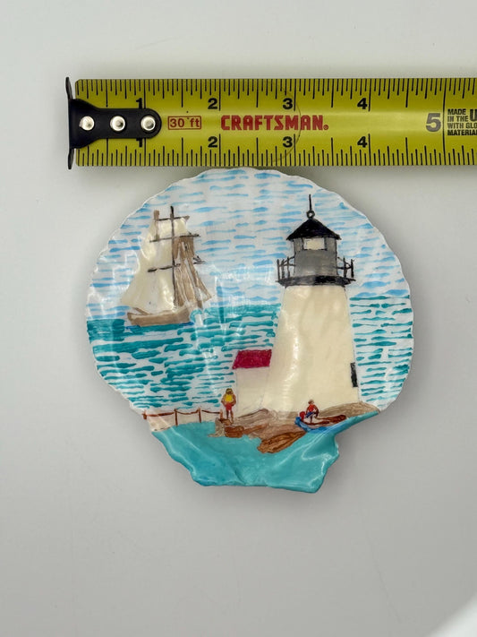 Hand-Painted Scallop Shell with Lighthouse & Sailboat Scene | Resin Coated | Coastal Décor with Stand