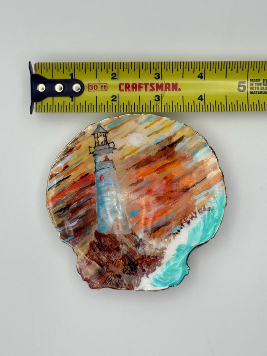 Hand-Painted Scallop Shell – Sunset Lighthouse Scene