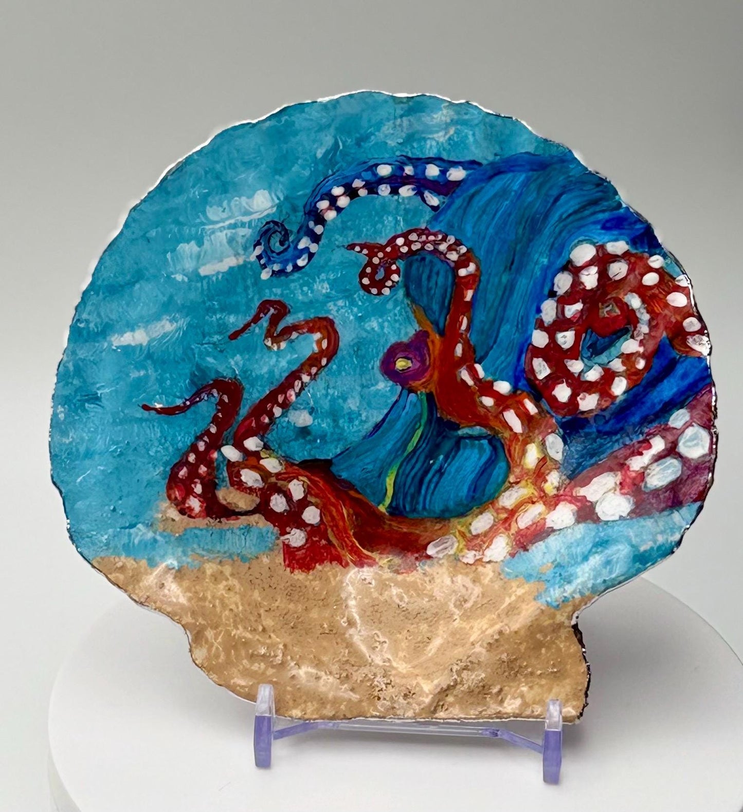Hand-Painted Scallop Shell – Octopus & Ocean Scene