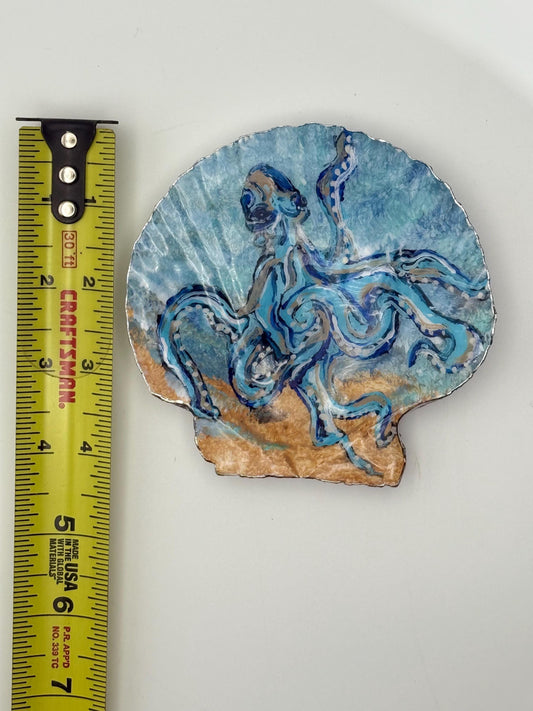 Hand-Painted Scallop Shell – Blue Octopus Design