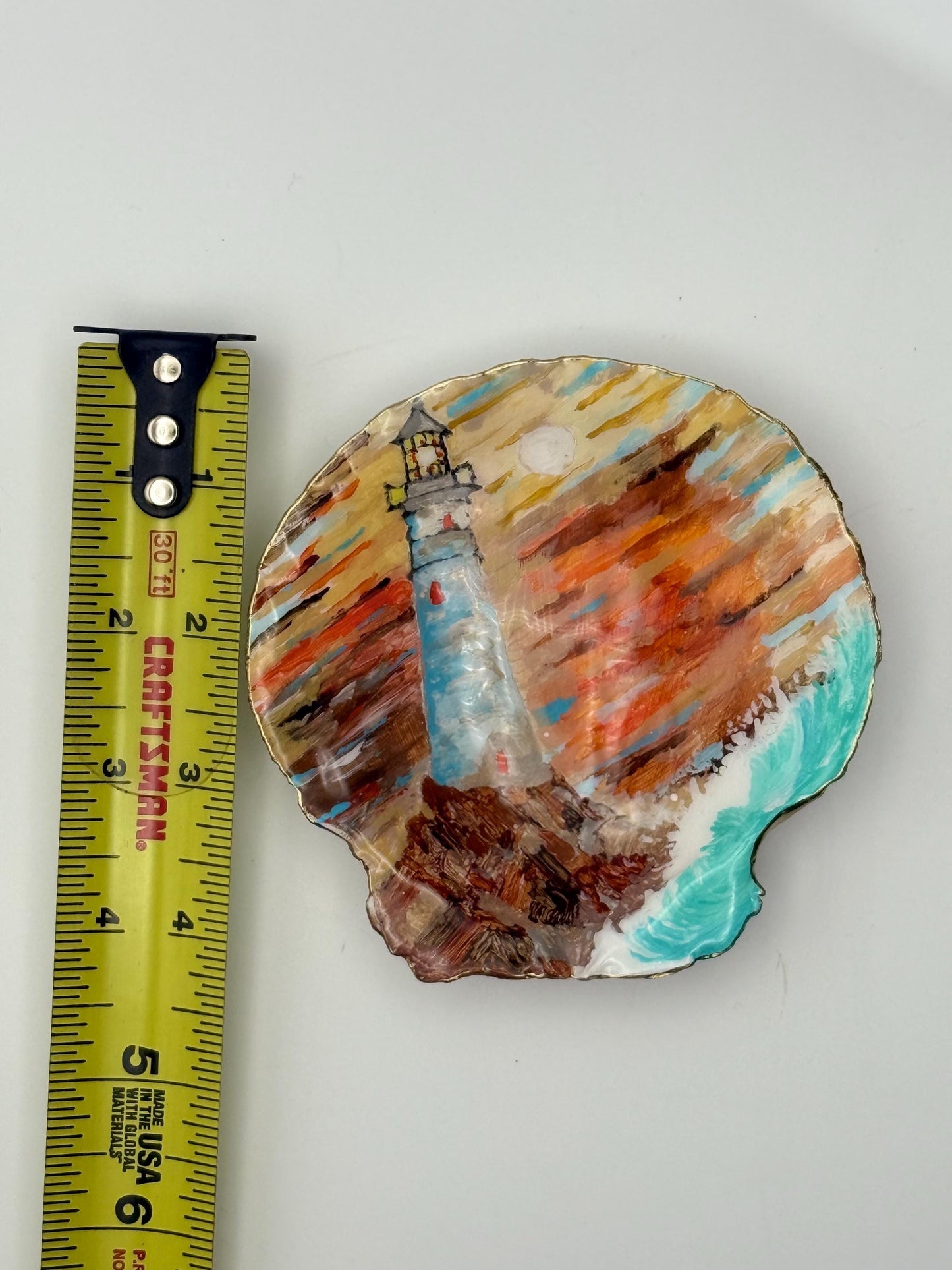 Hand-Painted Scallop Shell – Sunset Lighthouse Scene