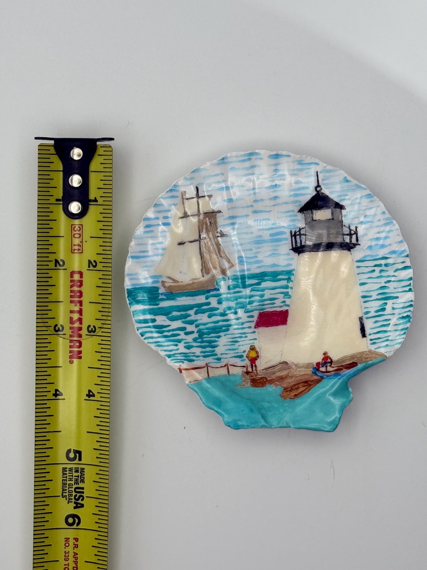 Hand-Painted Scallop Shell with Lighthouse & Sailboat Scene | Resin Coated | Coastal Décor with Stand