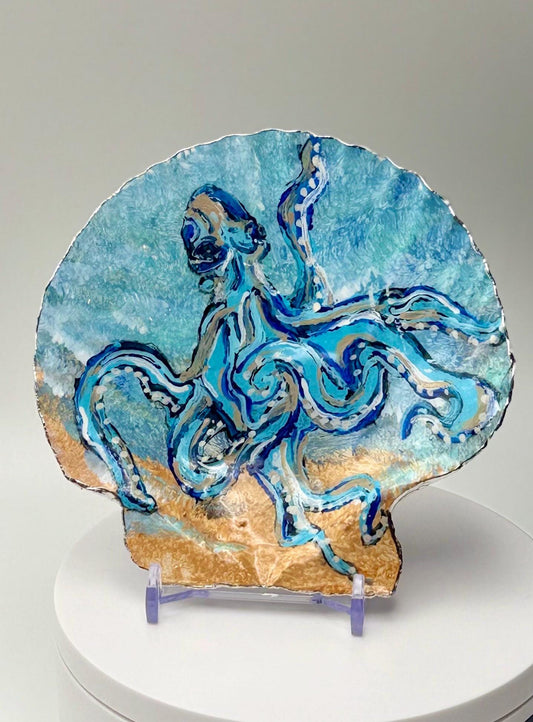 Hand-Painted Scallop Shell – Blue Octopus Design