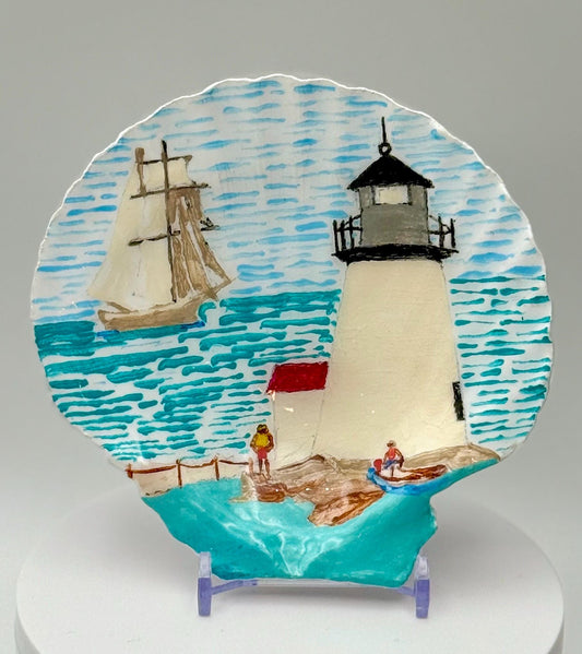 Hand-Painted Scallop Shell with Lighthouse & Sailboat Scene | Resin Coated | Coastal Décor with Stand