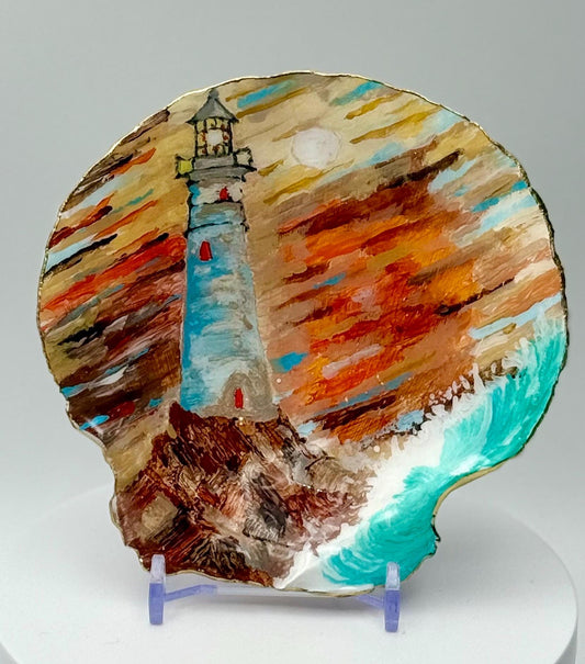 Hand-Painted Scallop Shell – Sunset Lighthouse Scene