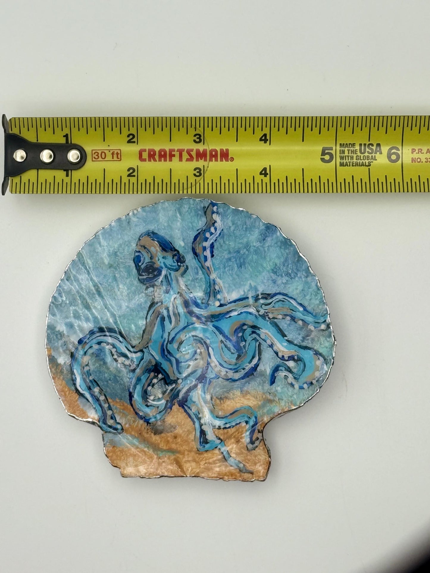 Hand-Painted Scallop Shell – Blue Octopus Design