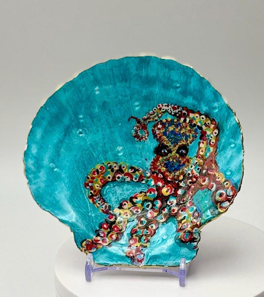 Hand-Painted Scallop Shell – Colorful Octopus with Water Drop Effect