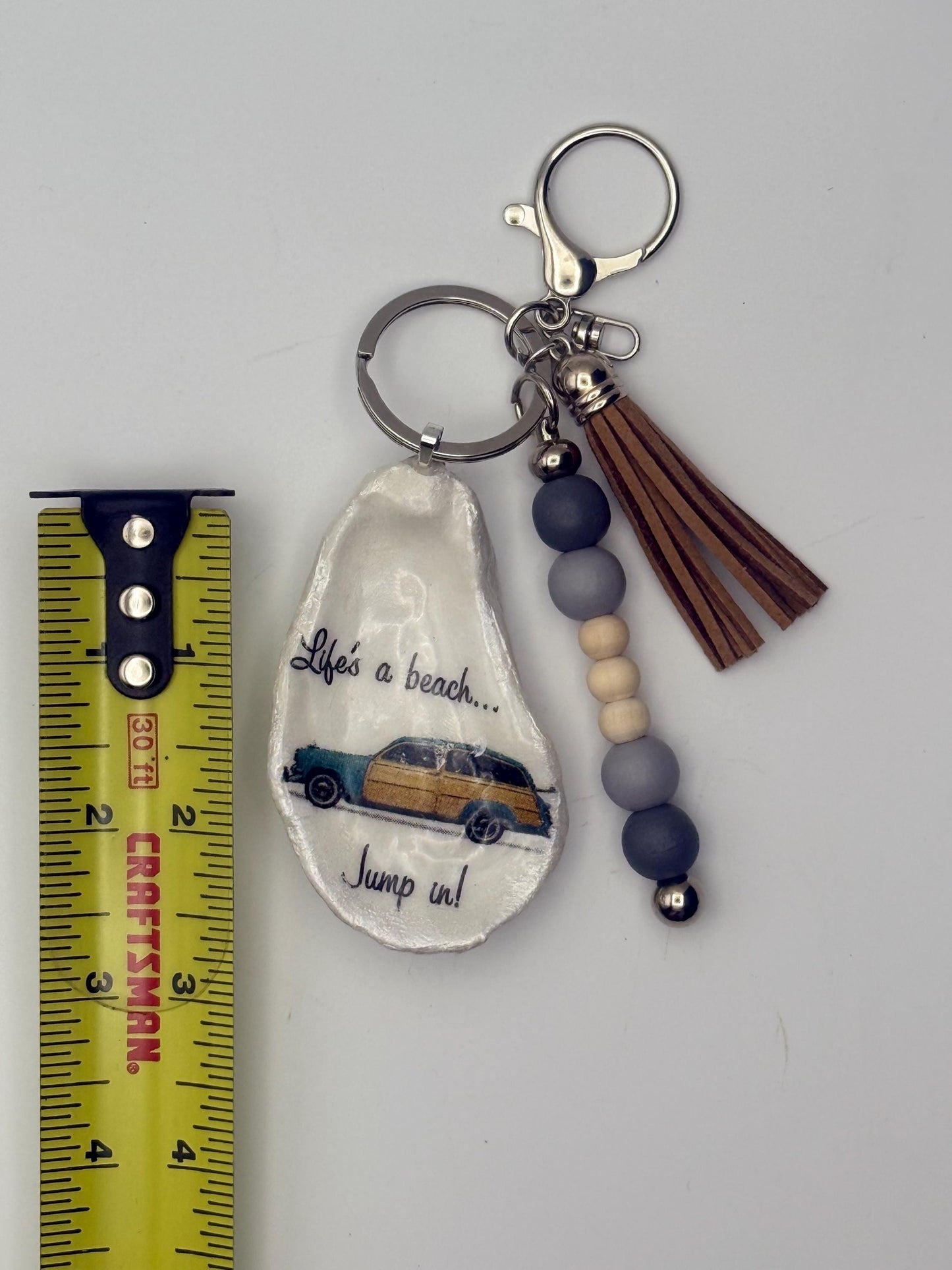 Handmade Oyster Shell Keychain – Surf Car Beach Design